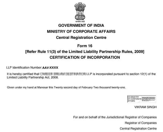 Sample LLP registration certificate issued by the MCA