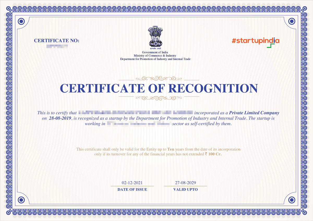 Sample Startup India certificate of recognition issued by DPIIT, showing the DPIIT recognition number
