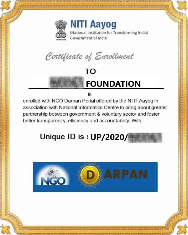 Sample NGO Darpan registration certificate issued by NITI Aayog, showing the Darpan Unique ID